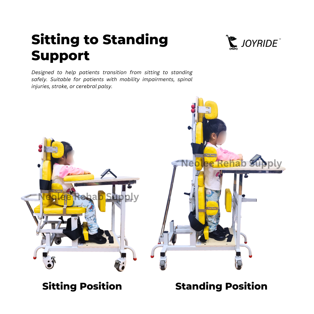 Joyride sit-to-stand frame for kids by Neolee helping children transition safely from sitting to standing with supportive padded cushions and therapy table.