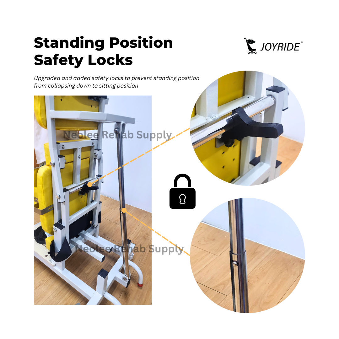 Safety lock mechanism on Joyride pediatric sit-to-stand frame by Neolee designed to secure standing position and prevent accidental movement during therapy.