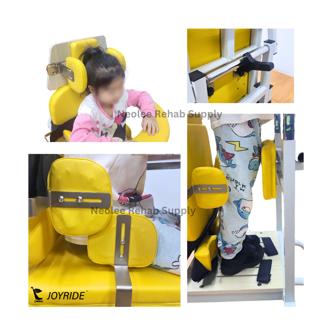Close-up details of Joyride pediatric standing frame showing padded side supports, safety straps, adjustable knee supports, and ergonomic positioning system.
