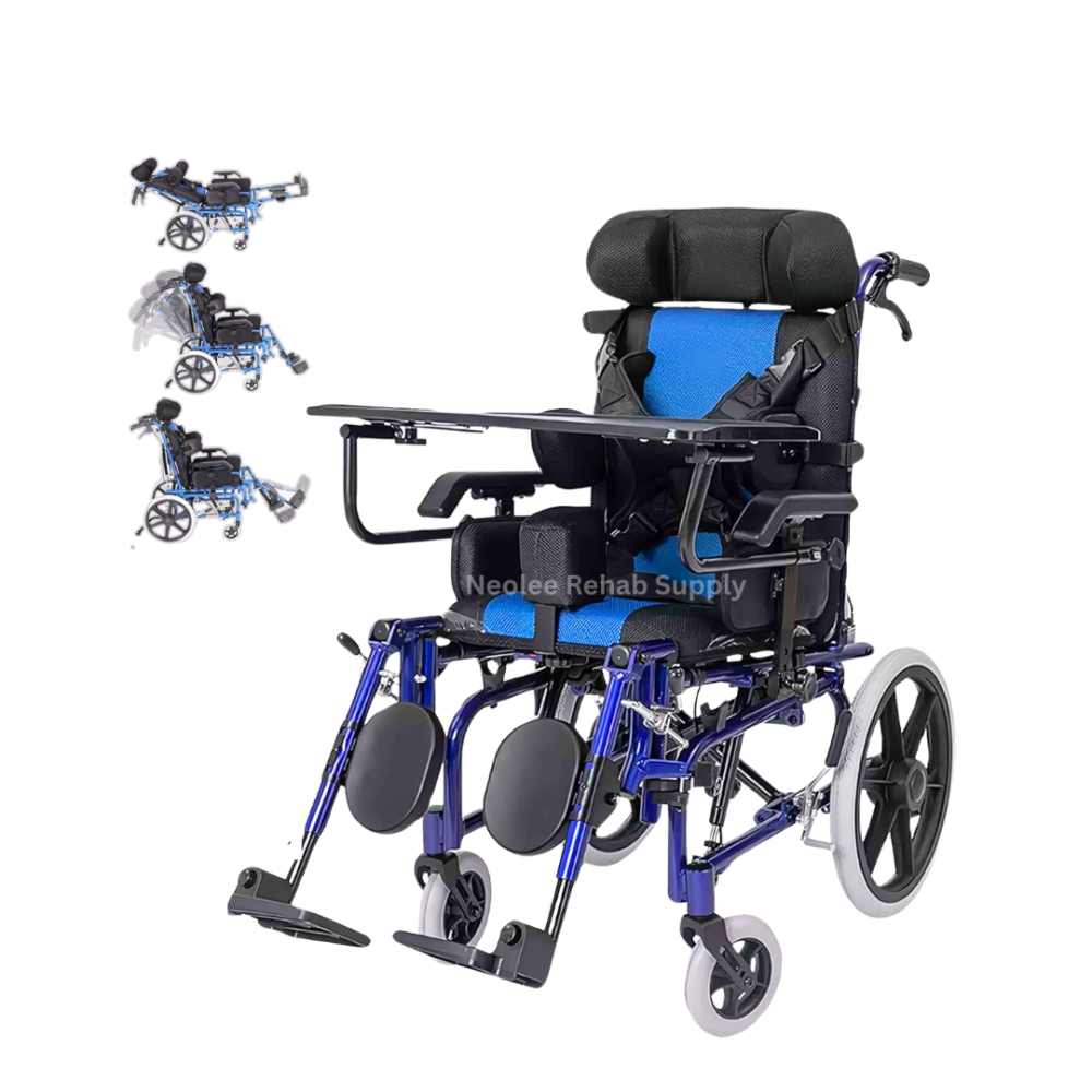 Front angled view of the CP Tilt-in-Space Wheelchair featuring blue and black supportive seating, adjustable headrest, elevating legrests, tray table, lateral supports, and large rear wheels for pediatric postural support and mobility.