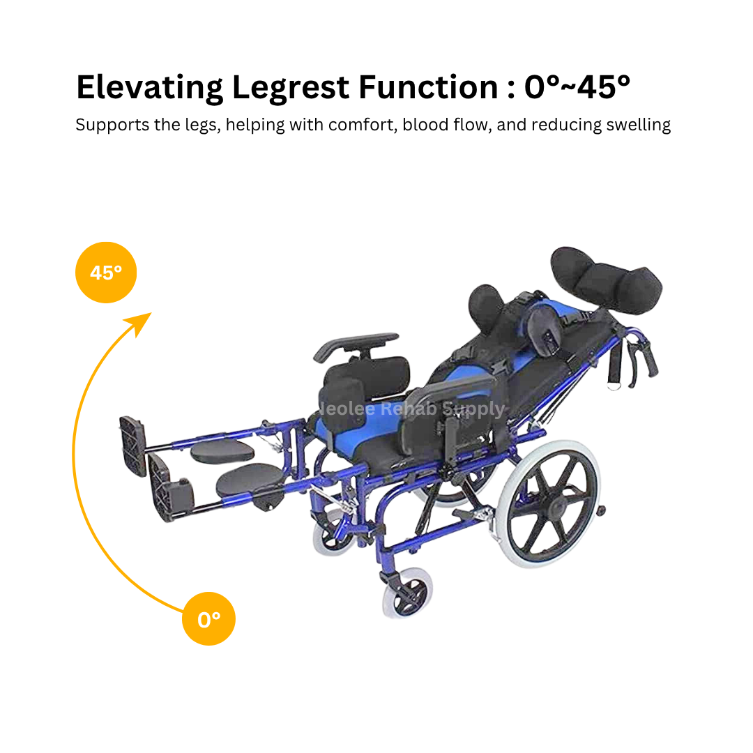 CP Tilt-in-Space Wheelchair shown in fully reclined position demonstrating the elevating legrest function with adjustable angles from 0 to 45 degrees for improved comfort, circulation, and pressure relief.