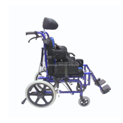 Side profile view of the CP Tilt-in-Space Wheelchair displaying the tilt-in-space seating system, supportive pediatric cushions, elevated headrest, and adjustable footrests for postural alignment and mobility support.