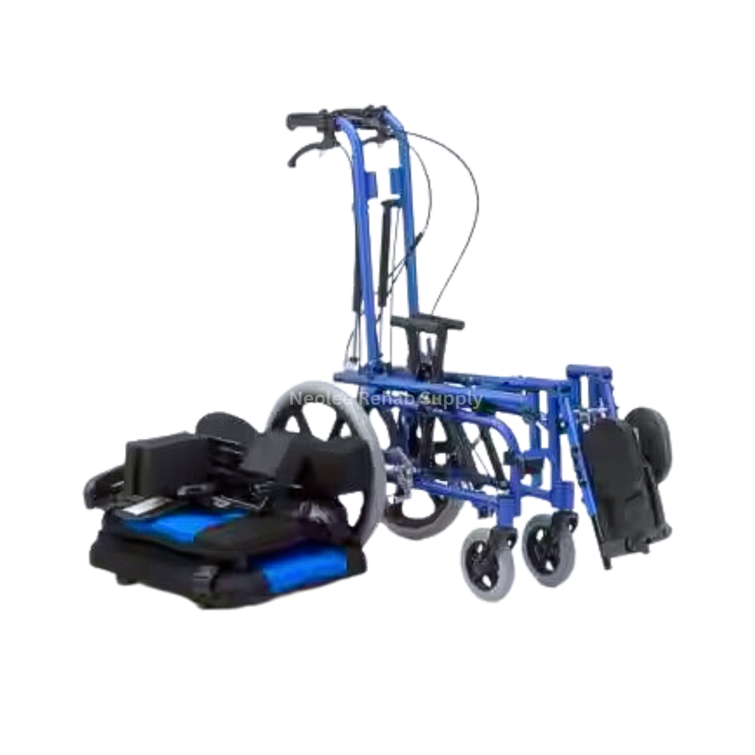 Folded CP Tilt-in-Space Wheelchair frame with detached seating components displayed beside the chassis to demonstrate compact storage, transport convenience, and removable pediatric seating system.