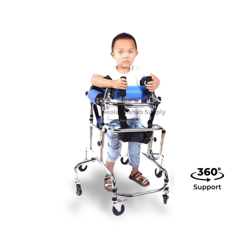 Child using a hemiplegia rehabilitation walker with padded chest support, forearm rests, anti-rollover castors, and 360-degree support for gait training and assisted mobility rehabilitation.