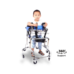 Child using a hemiplegia rehabilitation walker with padded chest support, forearm rests, anti-rollover castors, and 360-degree support for gait training and assisted mobility rehabilitation.