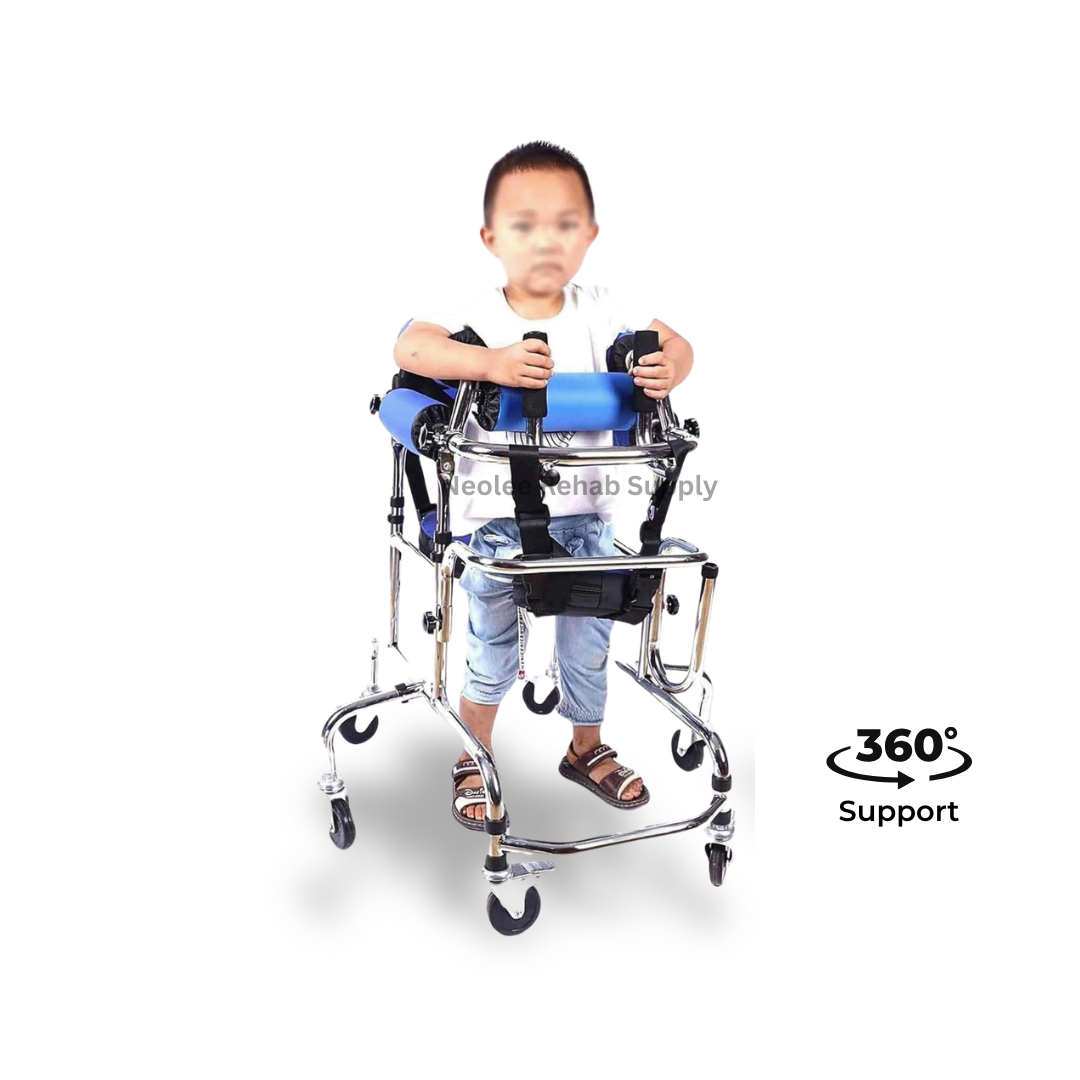 Child using a hemiplegia rehabilitation walker with padded chest support, forearm rests, anti-rollover castors, and 360-degree support for gait training and assisted mobility rehabilitation.