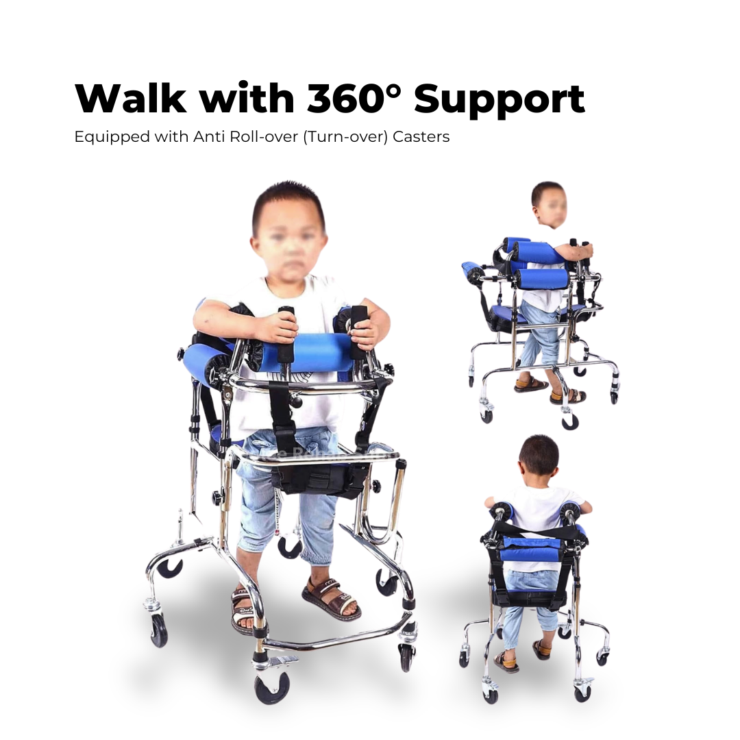 Child hemiplegia rehabilitation walker demonstrated with 360-degree support and anti-rollover castors, providing stable gait training and safe mobility assistance for paediatric rehabilitation.