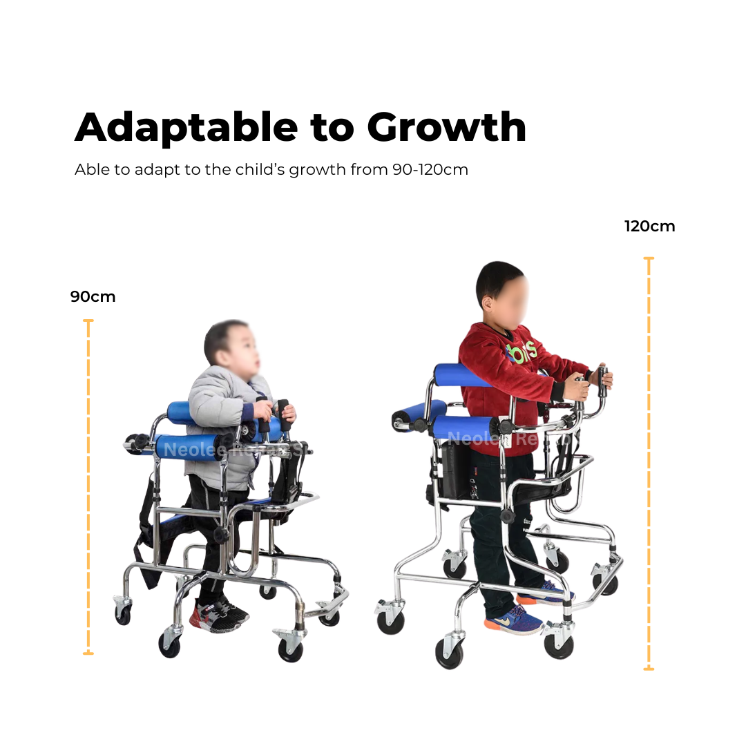 Adjustable growth infographic for the child hemiplegia rehabilitation walker showing suitability for children between 90cm and 120cm tall with adaptable rehabilitation support settings.