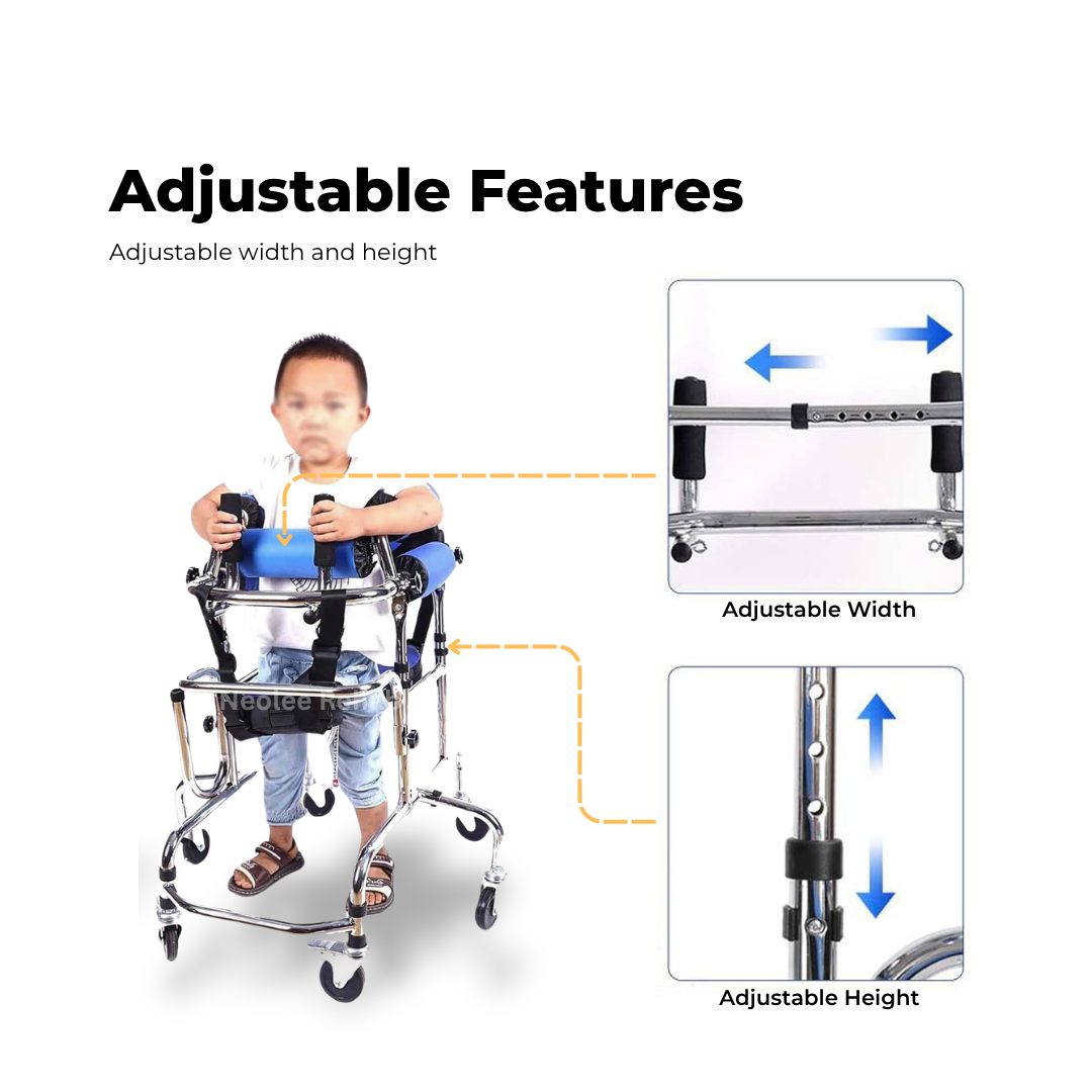 Adjustable feature diagram for the child hemiplegia rehabilitation walker highlighting customizable width and height settings for ergonomic posture support and rehabilitation training.