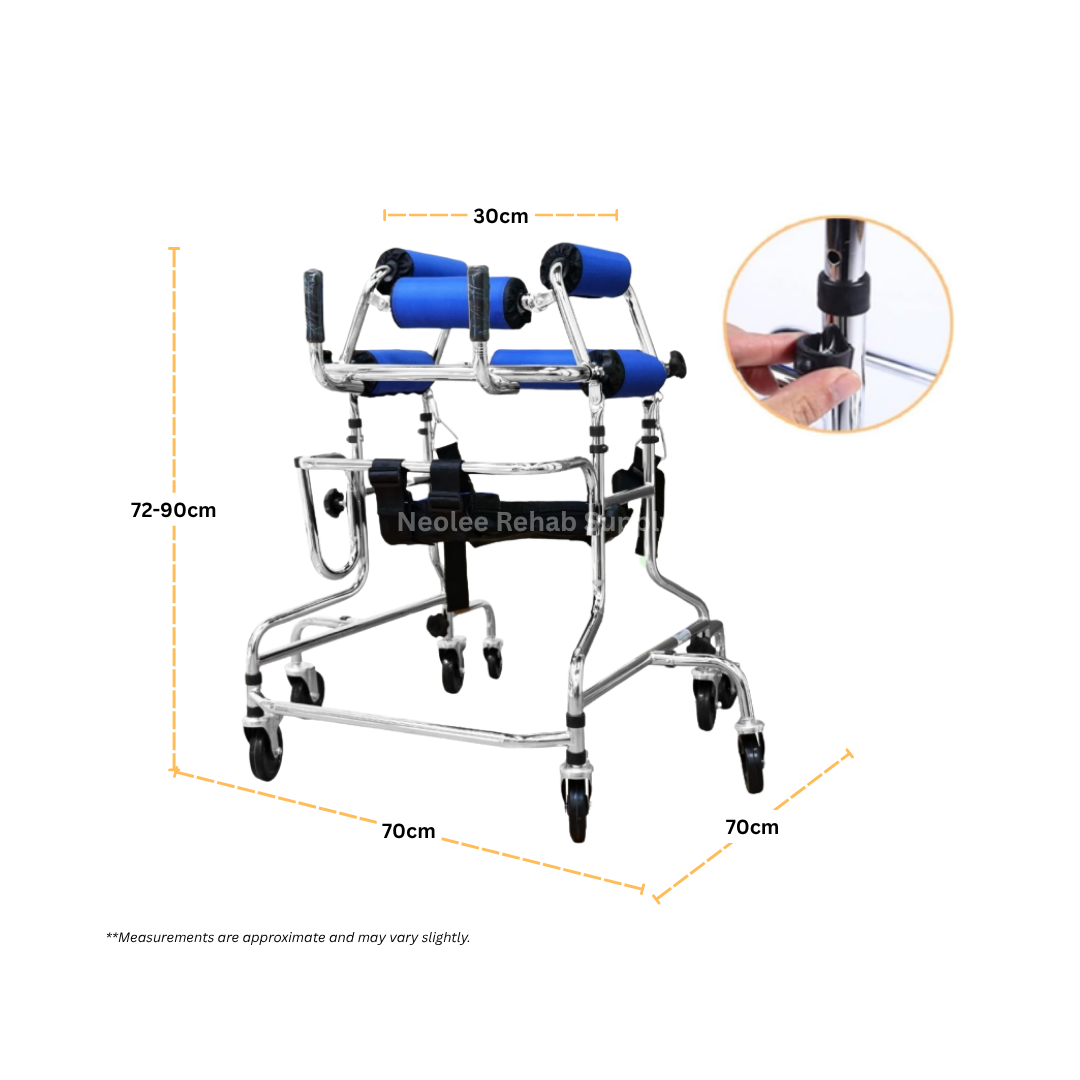 Dimension guide for the child hemiplegia rehabilitation walker showing adjustable height range, compact frame dimensions, and stable wheeled base for paediatric gait rehabilitation support.