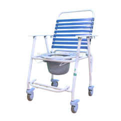 Clean studio-style product image of the Deluxe Commode chair showcasing its blue striped seat and backrest, supportive armrests, wheeled frame, and integrated commode system.