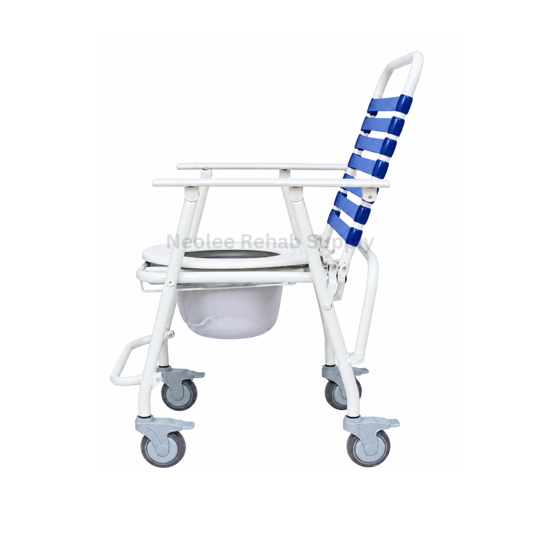 Side-angle product image of the Deluxe Commode chair featuring its aluminum frame, commode bucket, foldable structure, caster wheels, and ergonomic seating design.