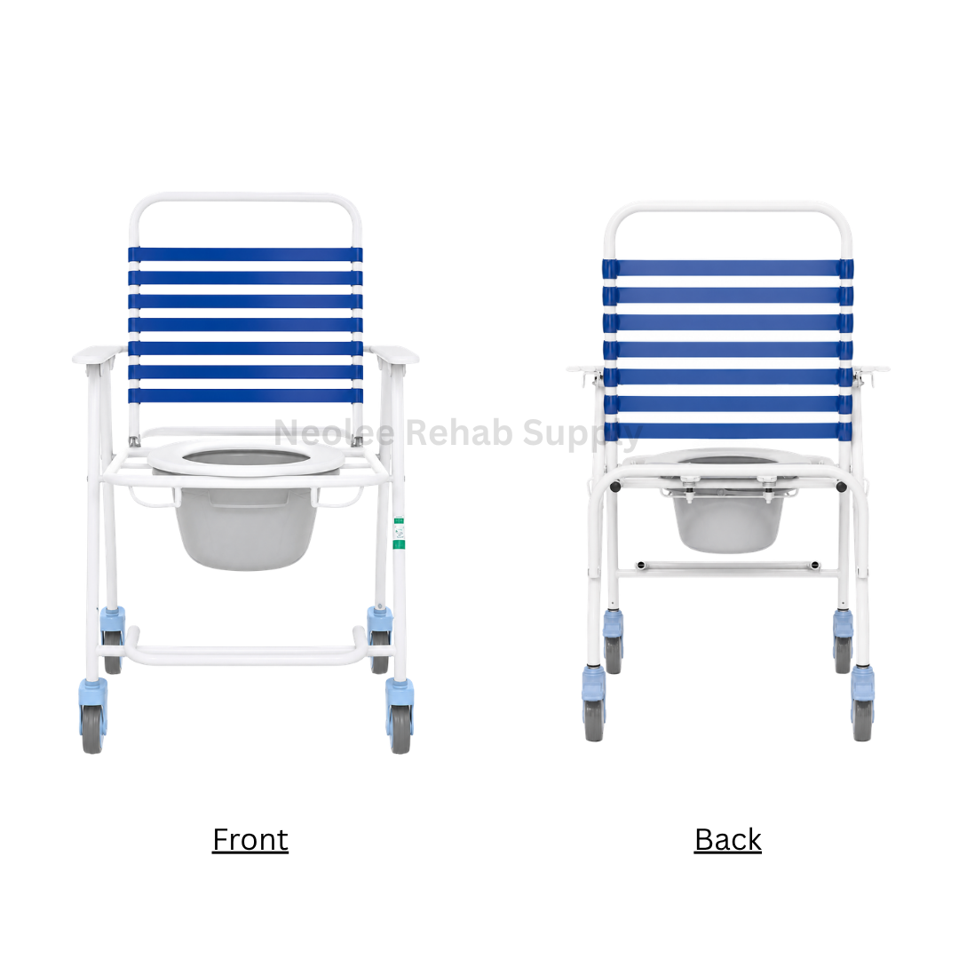 Front and back product views of the Deluxe Commode chair displaying its striped blue backrest, integrated commode bucket, caster wheels, and supportive frame structure.