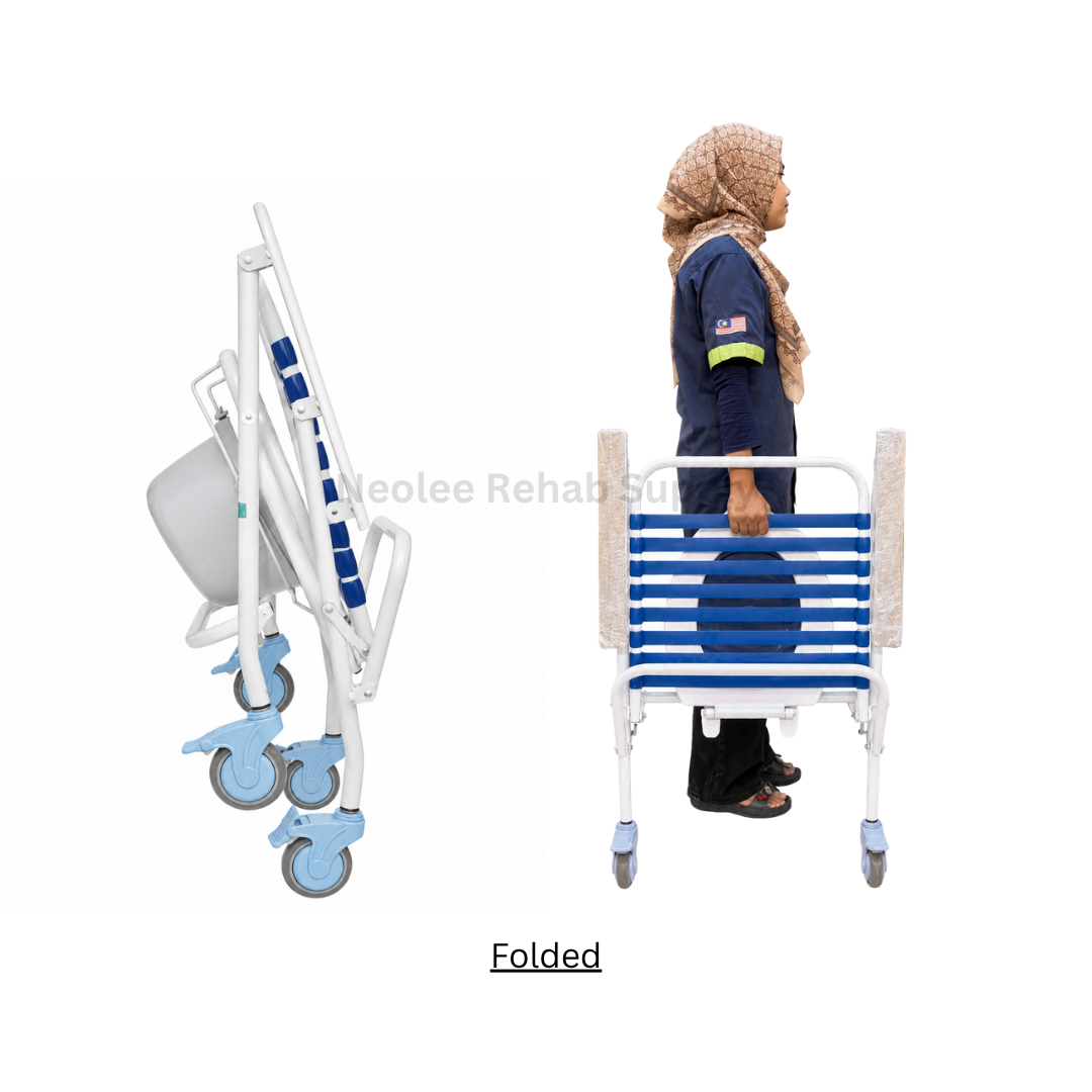 A caregiver stands beside the folded Deluxe Commode chair to demonstrate its compact folding capability and easy storage design for home caregiving convenience.