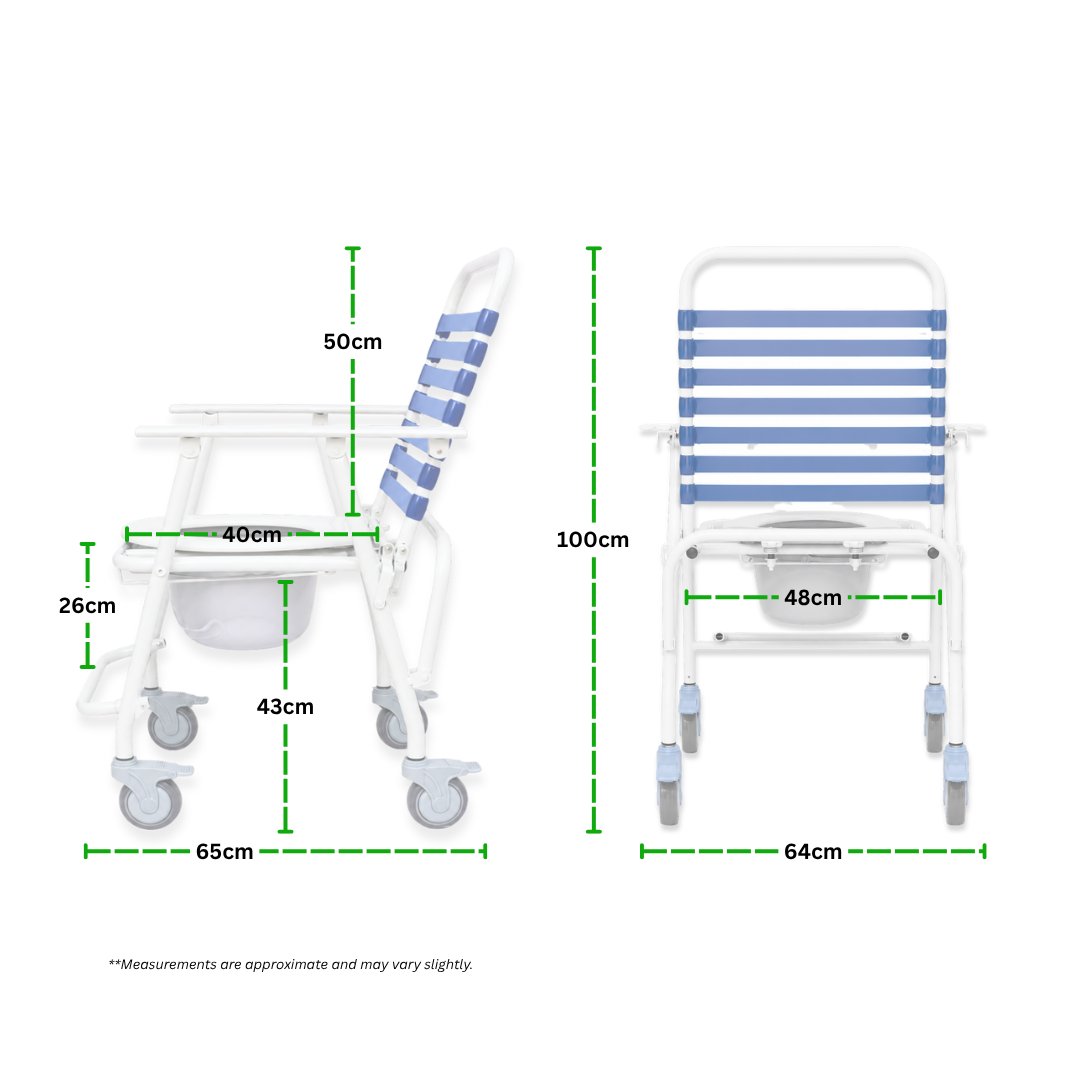 Technical dimension diagram of the Deluxe Commode chair showing side and front measurements, seat height, overall width, and structural proportions of the mobile commode chair.