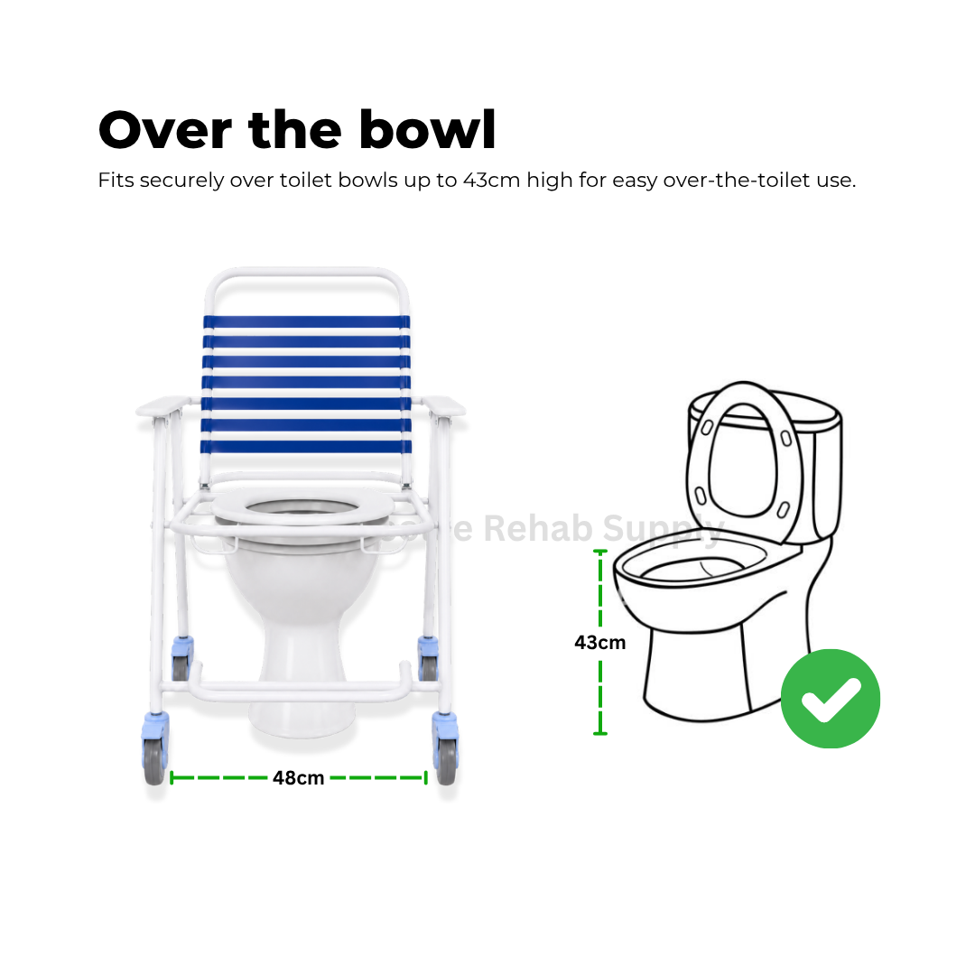 deluxe commode chair can be pushed over a home toilet bowl