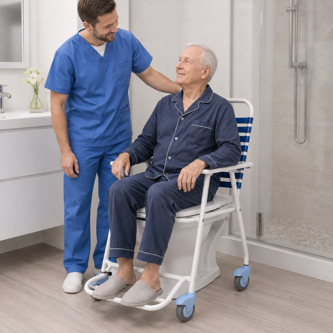 caretaker accompanying elderly man sitting on the deluxe commode chair in the bathroom over the toilet bowl