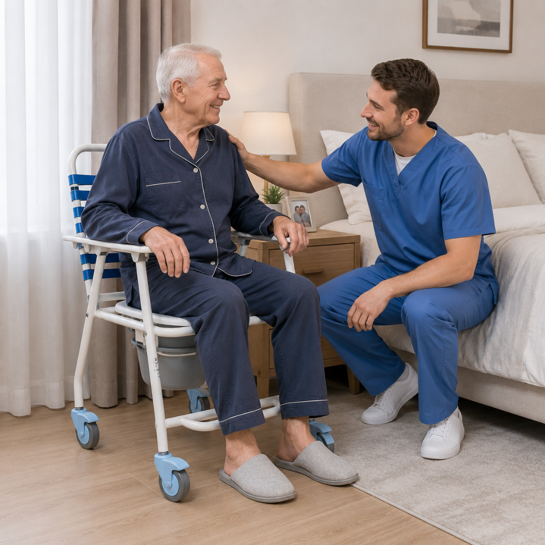 An elderly man sits comfortably on the Deluxe Commode chair while speaking with a caregiver in a warm home environment, highlighting dignity, comfort, and supportive elderly care.
