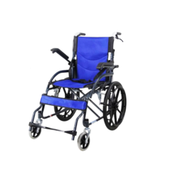 Deluxe compact wheelchair with blue padded seat and backrest, flip-up armrests, swing-away footrests, rear hand brakes, and lightweight foldable frame for easy transport.