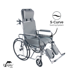A product image of the Dolphy reclining commode wheelchair shown in a fully reclined configuration with elevated leg supports and ergonomic S-curve seating for comfort and pressure relief.