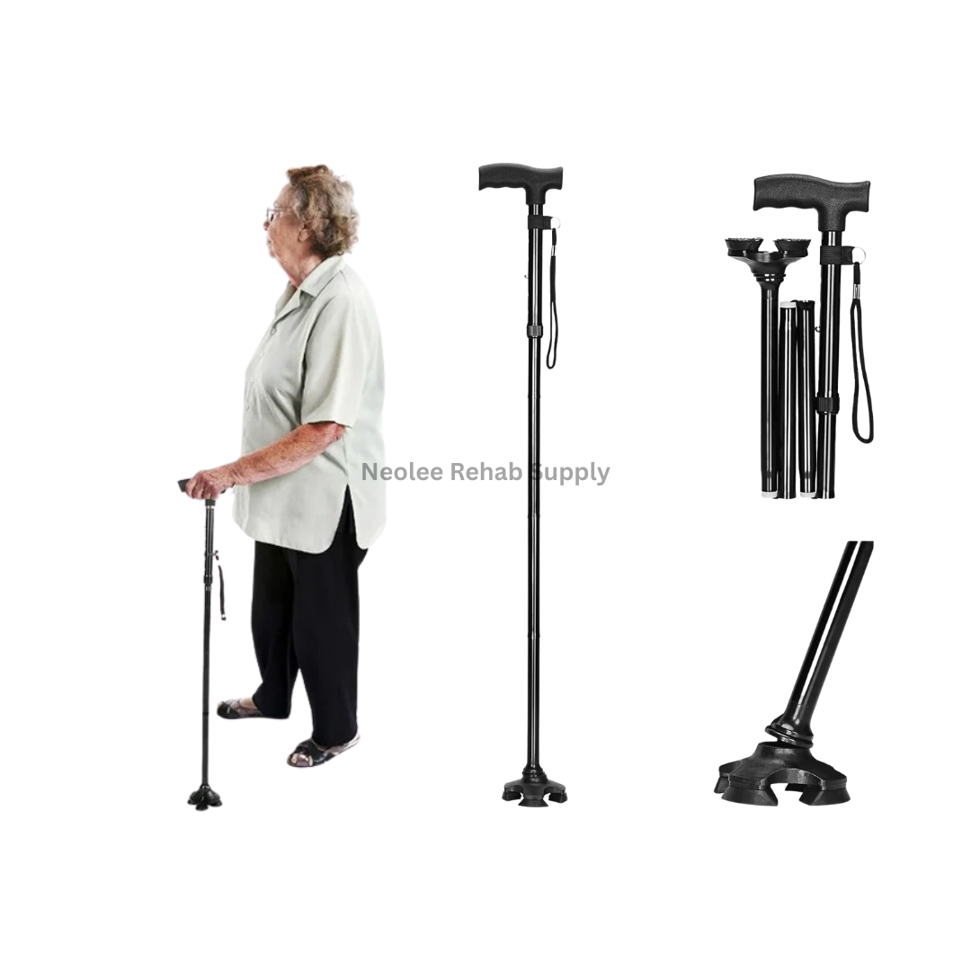 Elderly woman using a foldable walking stick with quad base support, alongside product views showing the lightweight collapsible cane, compact folded storage design, and stable anti-slip base for everyday mobility assistance.