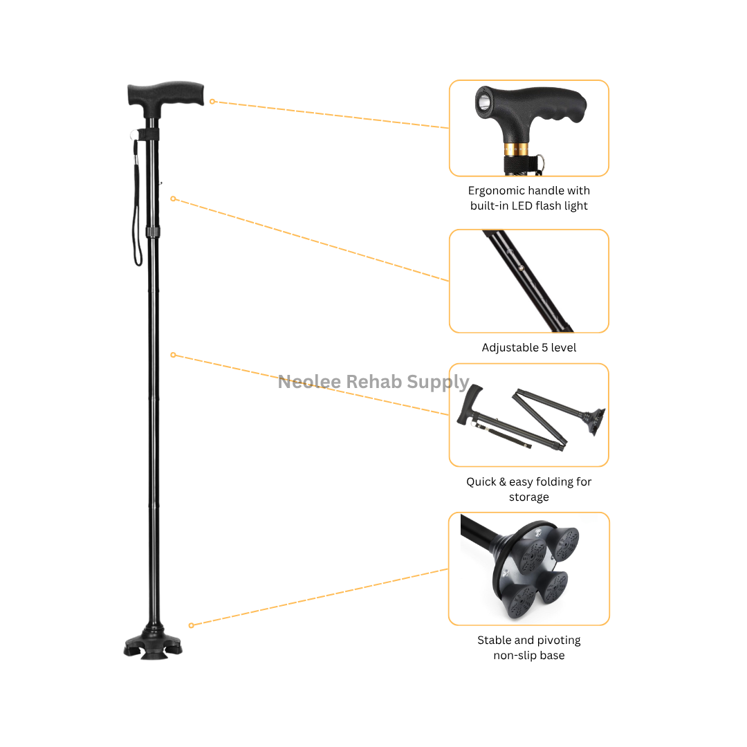 Feature diagram of the Elderly Crutch Foldable Walking Stick highlighting ergonomic LED handle, adjustable height levels, quick folding mechanism, and stable pivoting anti-slip quad base.