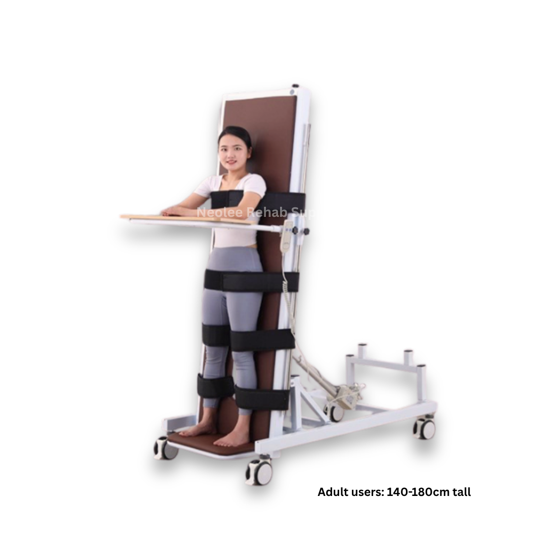Adult electric rehabilitation tilt table with padded support cushions, adjustable straps, and lockable caster wheels designed for standing therapy and lower limb rehabilitation.