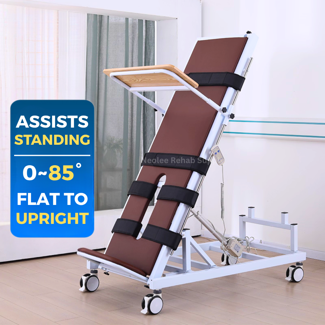 Adult standing rehabilitation tilt table assisting patients from flat to upright positions between 0 and 85 degrees for physiotherapy and mobility recovery training.