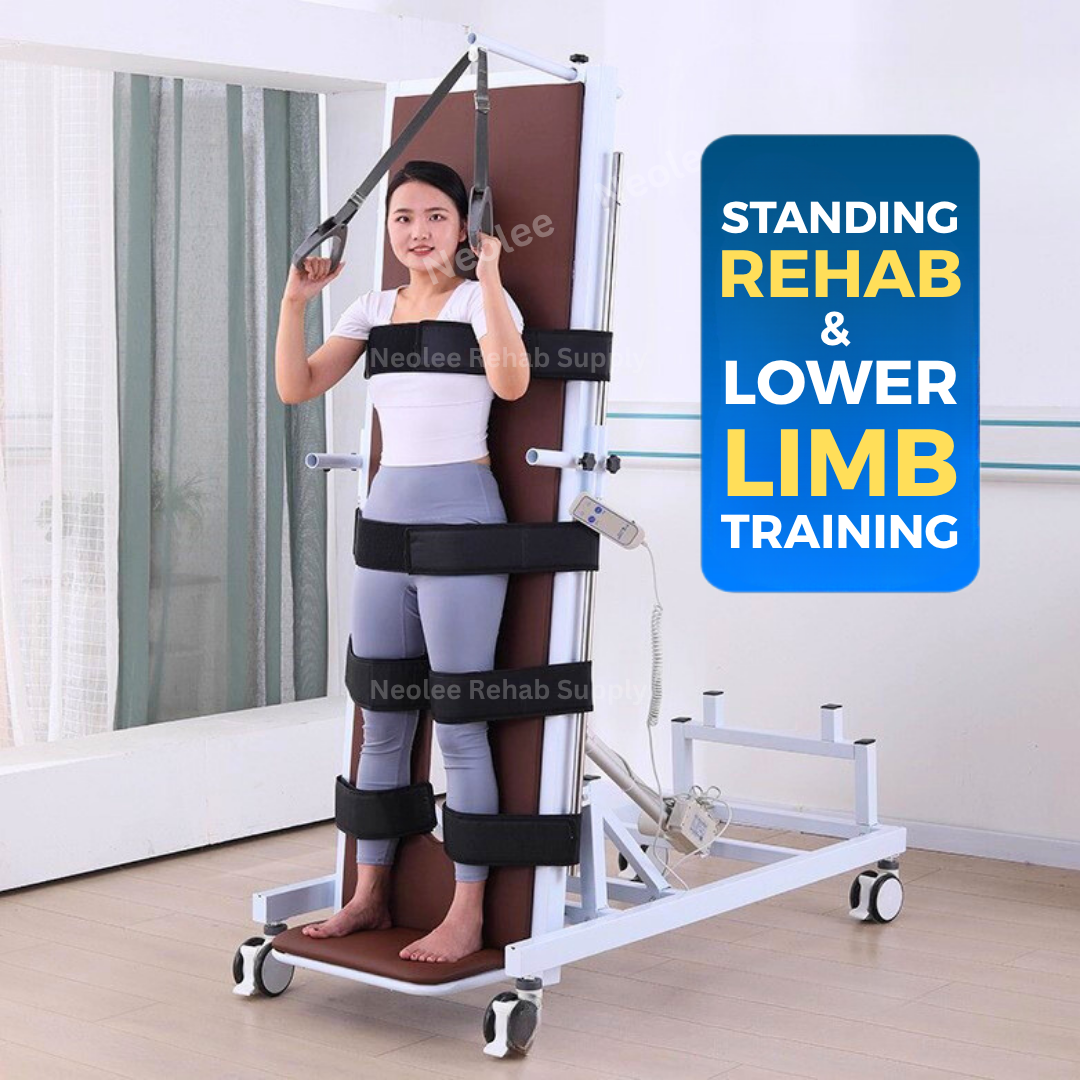 Adult rehabilitation standing frame with electric tilt adjustment designed for standing rehab, posture support, and lower limb strength training.