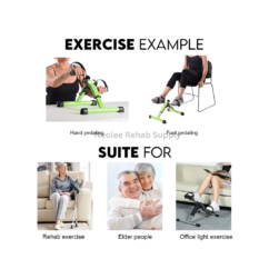 Portable pedal exerciser being used for hand and foot pedaling exercises suitable for rehabilitation, elderly fitness, and light office workouts.