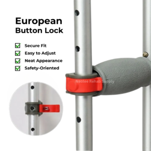 European button lock system on adjustable foldable shoulder crutches, showing secure height adjustment mechanism with safety-oriented locking design for stable mobility support.