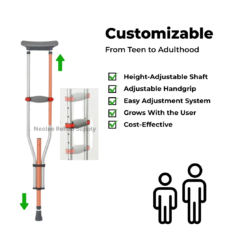 Adjustable foldable shoulder crutches with customizable height settings suitable from teen to adulthood, featuring ergonomic handgrips and easy adjustment system for long-term mobility use.