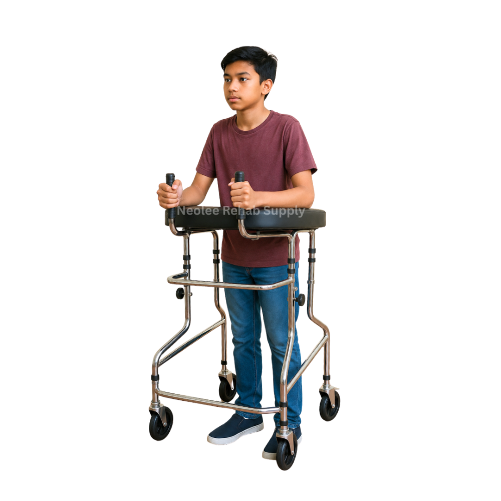 Teenager using a forearm rollator walker with padded arm supports and swivel castors, designed to provide upright posture support, balance assistance, and stable mobility for rehabilitation and daily walking.