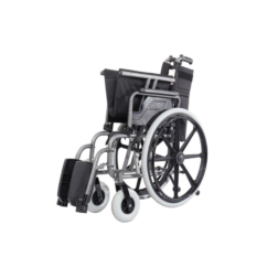 Folded XXL bariatric wheelchair showing compact storage capability, heavy-duty frame construction, and wide rear wheels for transport and portability.