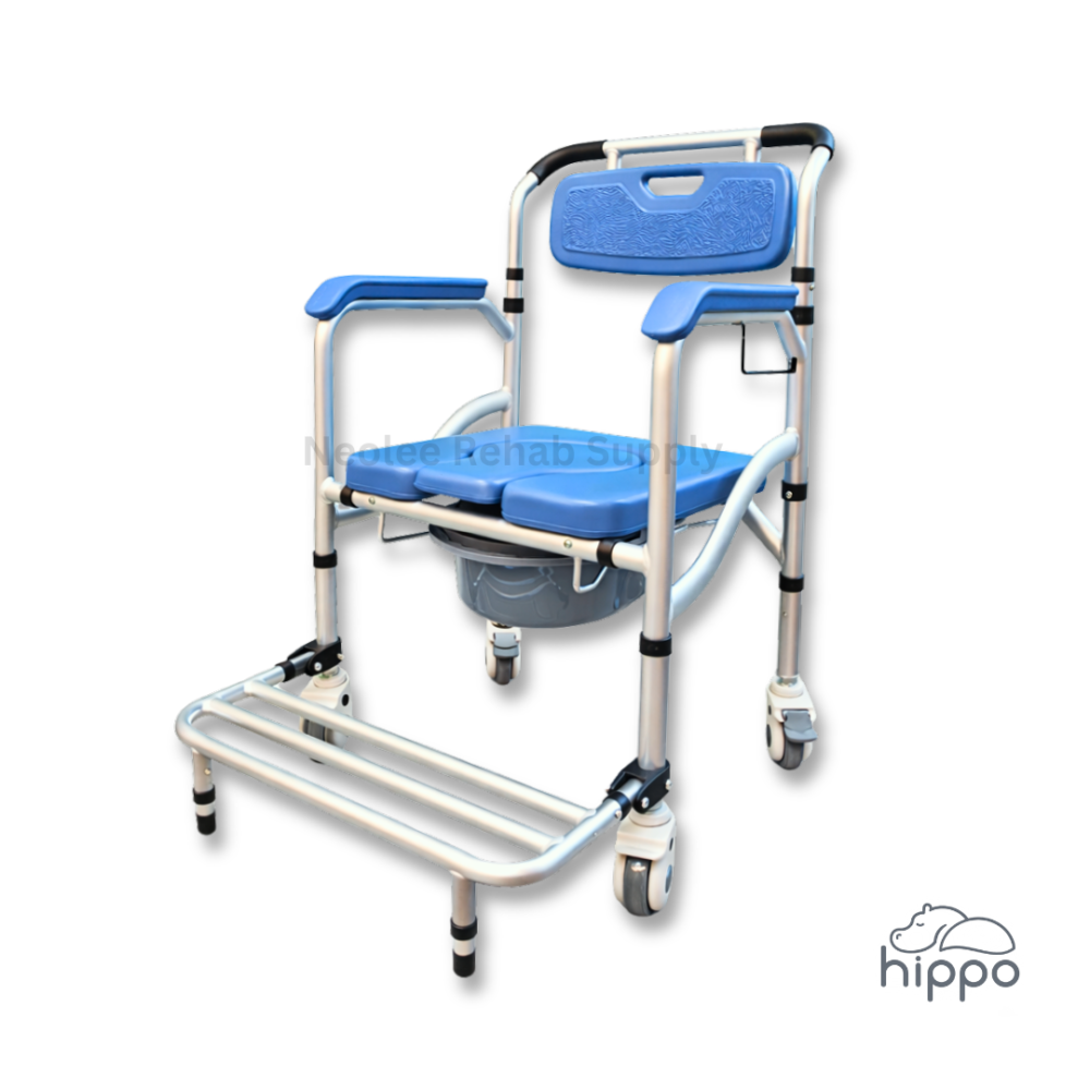 Front angled view of Hippo commode chair by Neolee with padded blue seat, foldable footrest, armrests, and lockable caster wheels for elderly and disabled users.