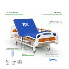 Hospital Bed 3 Function Electric – Brown (1) Neolee 3 Function Electric Hi-lo Hospital Bed with PP boards, 4-inch foam mattress, side railings, castors and manual cranks