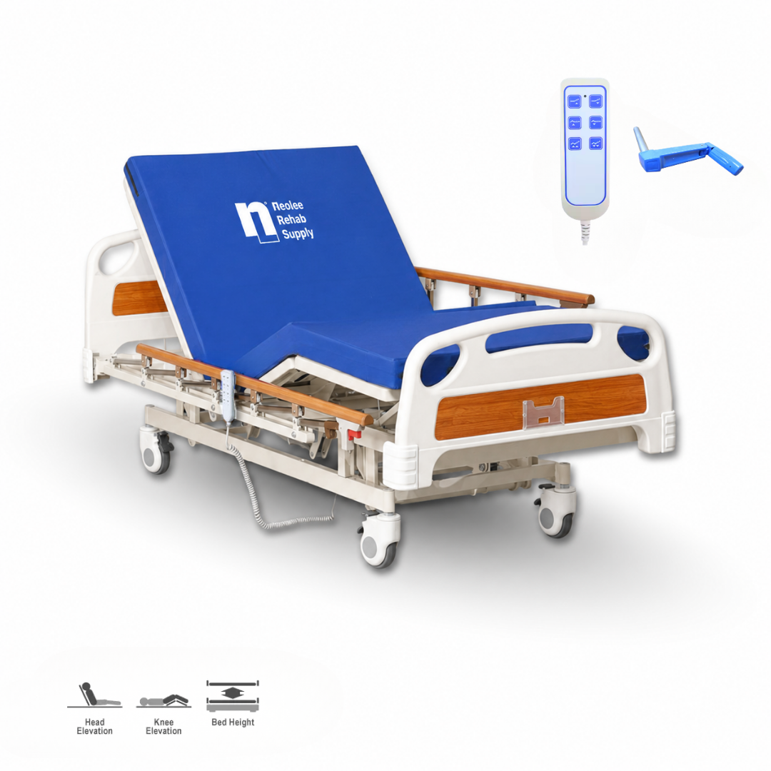 Neolee 3 Function Electric Hi-lo Hospital Bed with PP boards featuring adjustable head and knee elevation