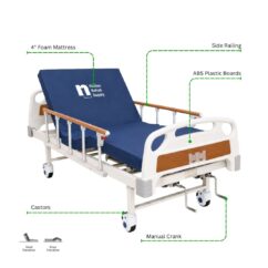 Neolee 2 Function Manual Hospital Bed with PP boards, 4-inch foam mattress, side railings, castors and manual cranks