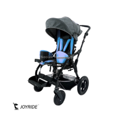 Front three-quarter view of the Joyride Pediatric Blue Buggy featuring a blue padded pediatric seat, adjustable canopy, supportive positioning harness, large rear wheels, and swivel front casters for smooth mobility.