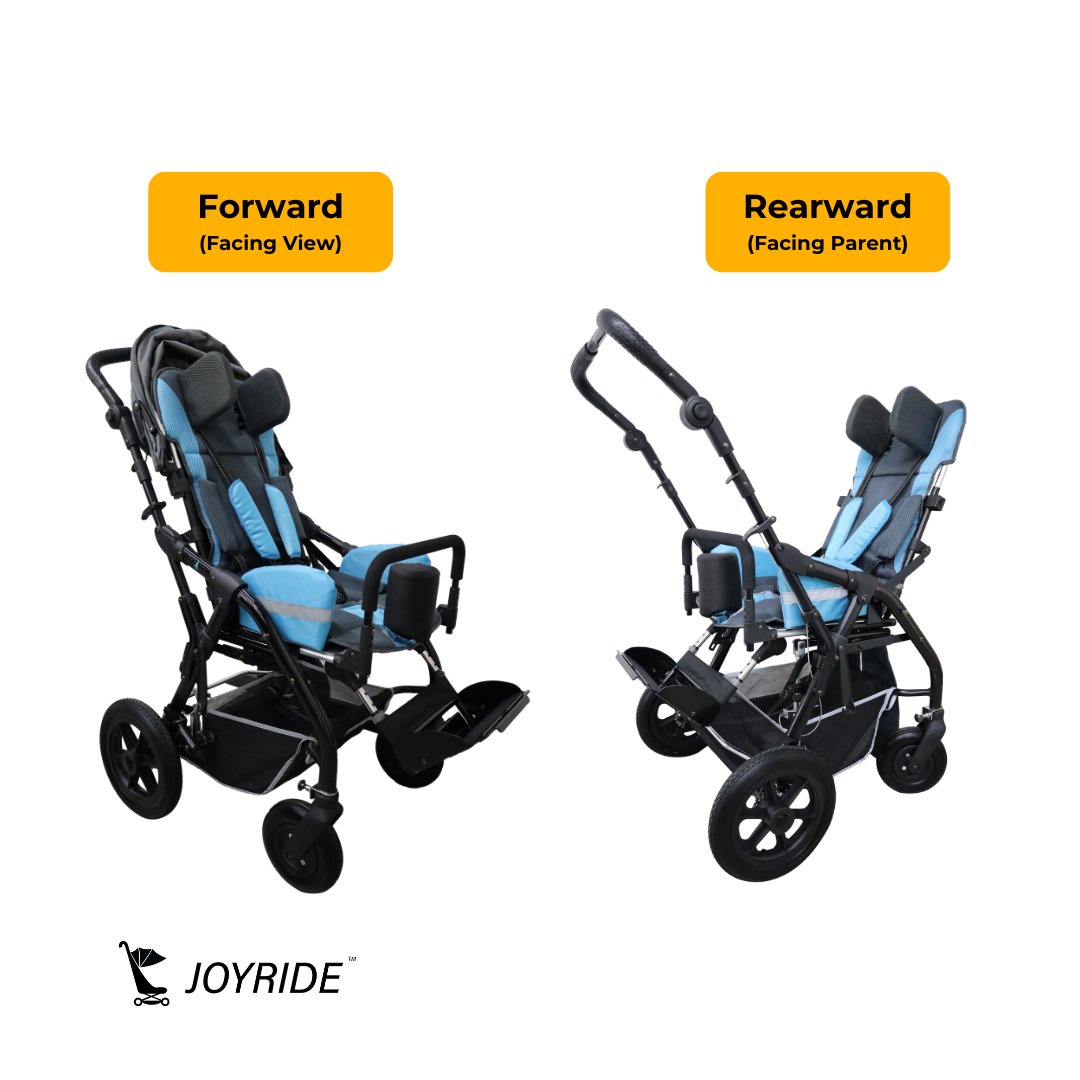 Comparison image showing the Joyride Pediatric Blue Buggy in both forward-facing and rearward-facing seating configurations for flexible pediatric positioning.