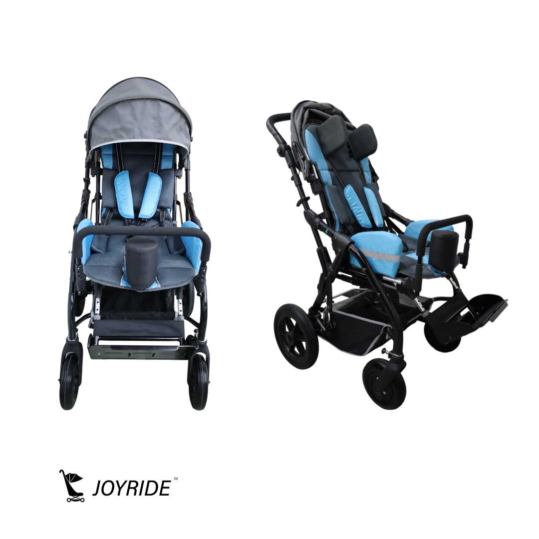 Front and angled views of the Joyride Pediatric Blue Buggy displaying supportive pediatric seating, adjustable canopy, positioning harness, and durable stroller frame.