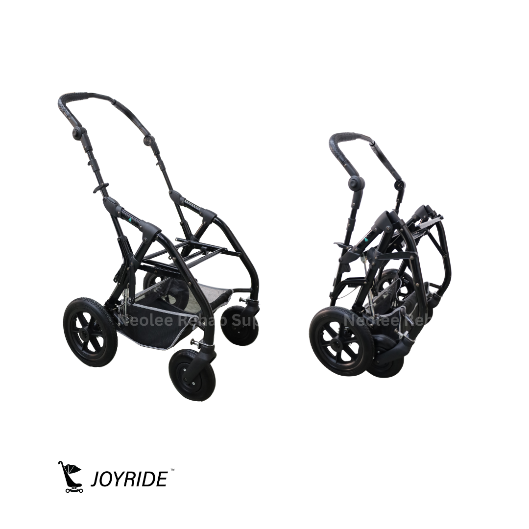 Joyride Pediatric Blue Buggy frame shown in unfolded and folded configurations to demonstrate compact storage and transport convenience.