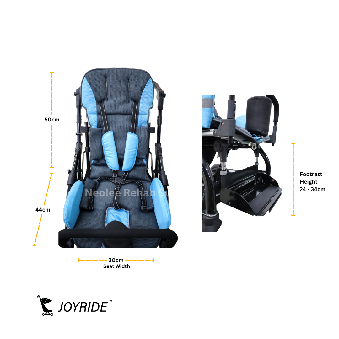 Front and side measurement view of the Joyride Pediatric Blue Buggy seat showing padded blue upholstery, seat width dimensions, adjustable footrest height, and supportive pediatric positioning system.