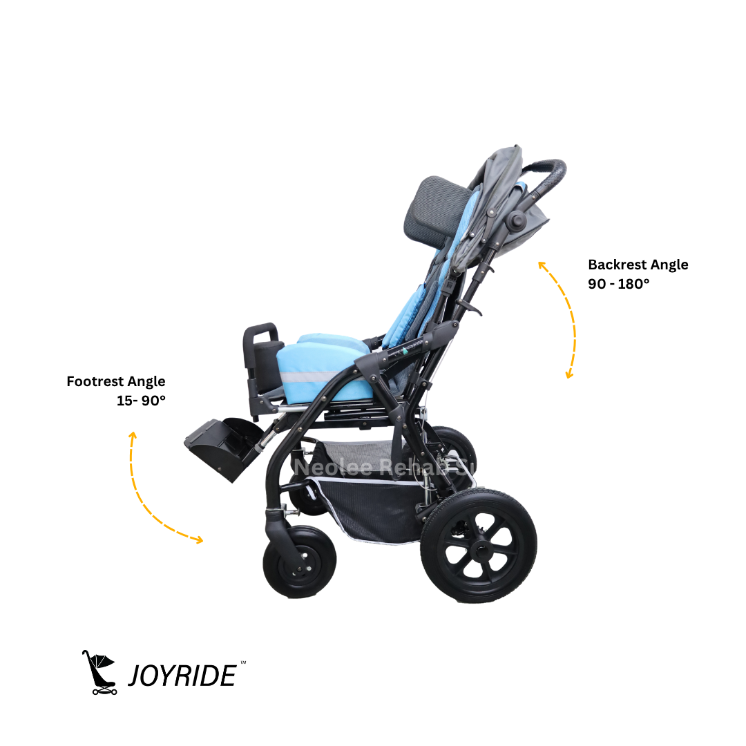 Side profile of the Joyride Pediatric Blue Buggy demonstrating adjustable recline angles and footrest positioning for customized pediatric seating comfort and posture support.