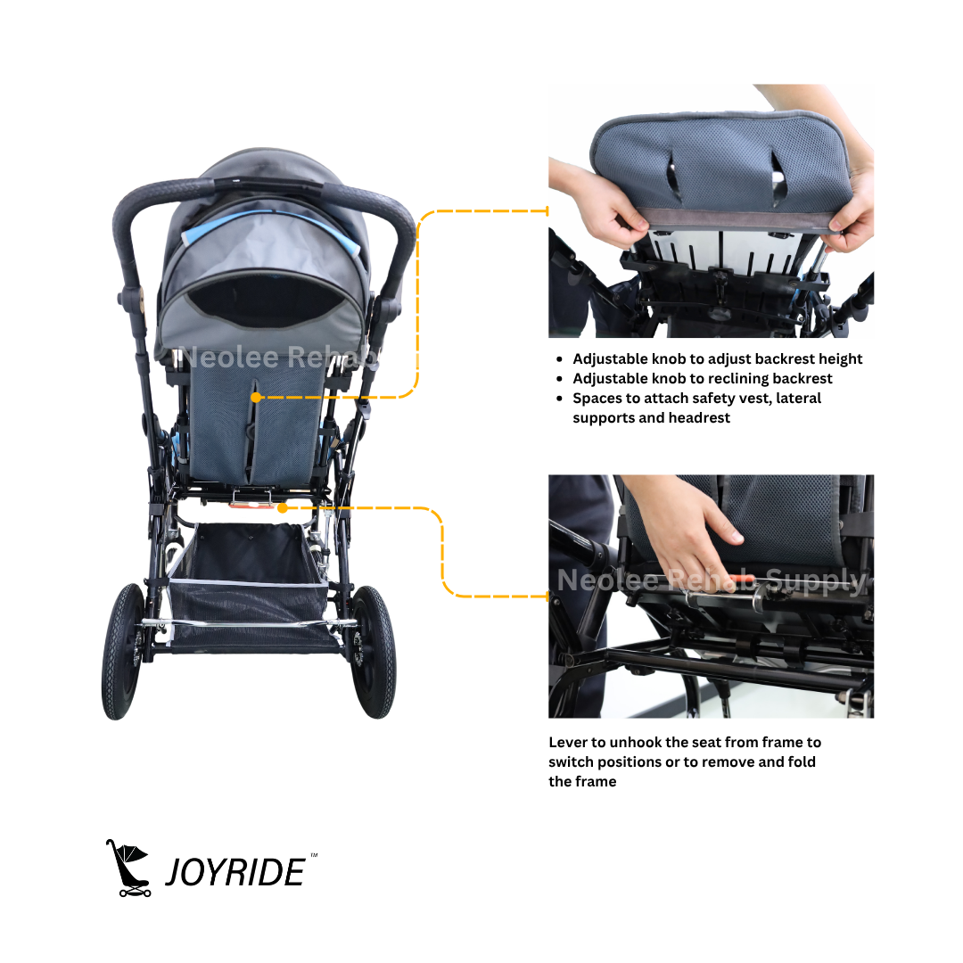 Rear view of the Joyride Pediatric Blue Buggy with close-up detail images showing adjustable backrest height settings and quick-release seat removal mechanism for easy repositioning and transport.