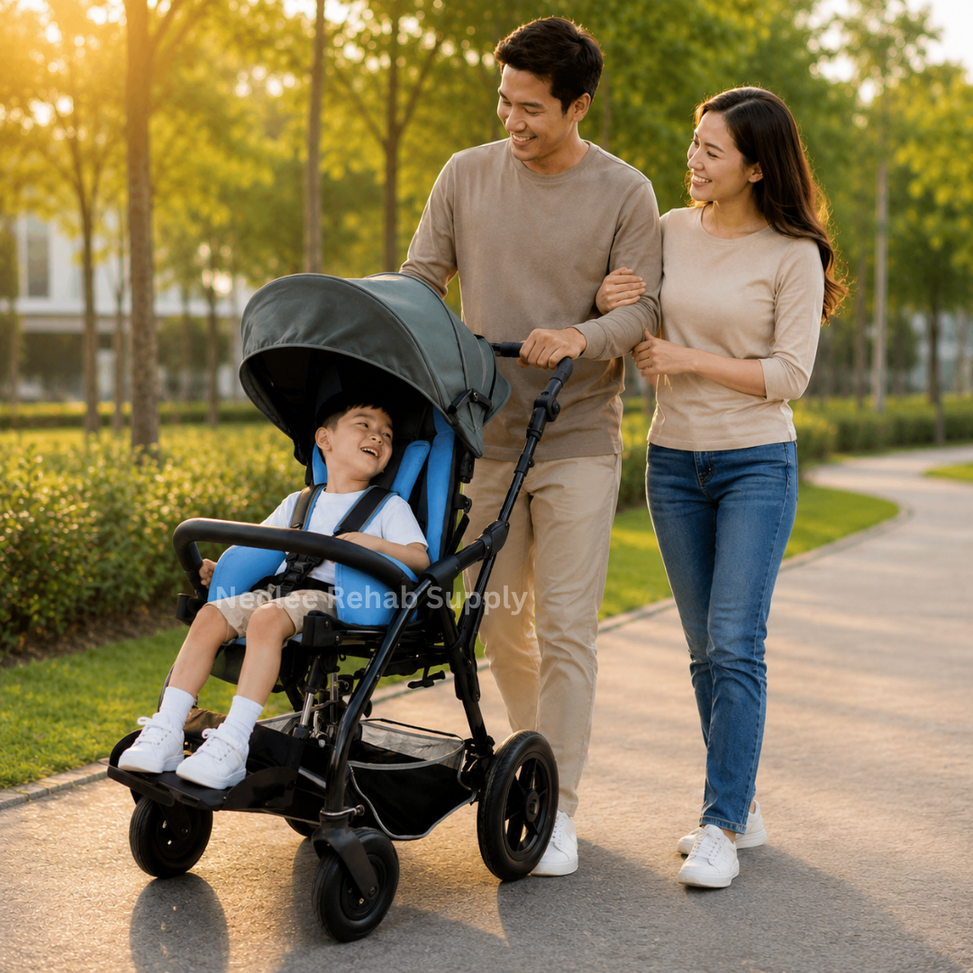 Lifestyle image of parents walking together outdoors while pushing the Joyride Pediatric Blue Buggy with a smiling child seated comfortably inside in rear-facing mode.