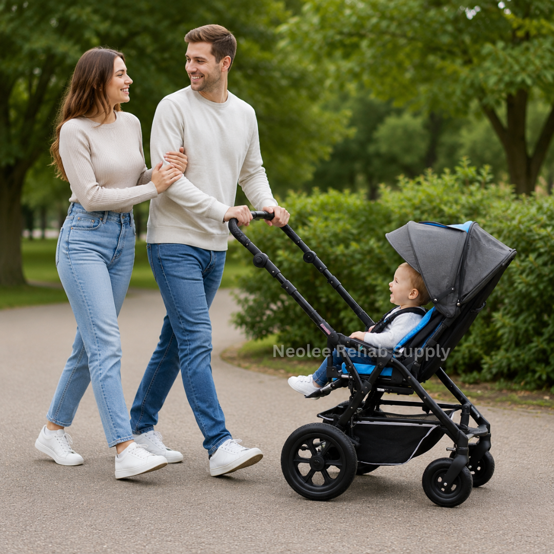Photorealistic outdoor family scene featuring parents walking arm-in-arm while pushing the Joyride Pediatric Blue Buggy with a happy child seated in the stroller.