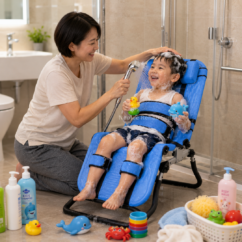 Young child smiling and playing during assisted bathing while seated securely in a blue Joyride Bluefin pediatric bath chair, with caregiver gently washing the child’s hair in a bathroom setting.