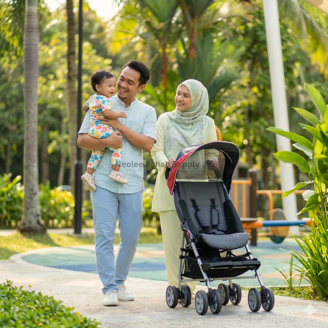 Parent walking outdoors with a child seated in the Joyride CP Stroller featuring extended sun canopy and supportive pediatric seating.