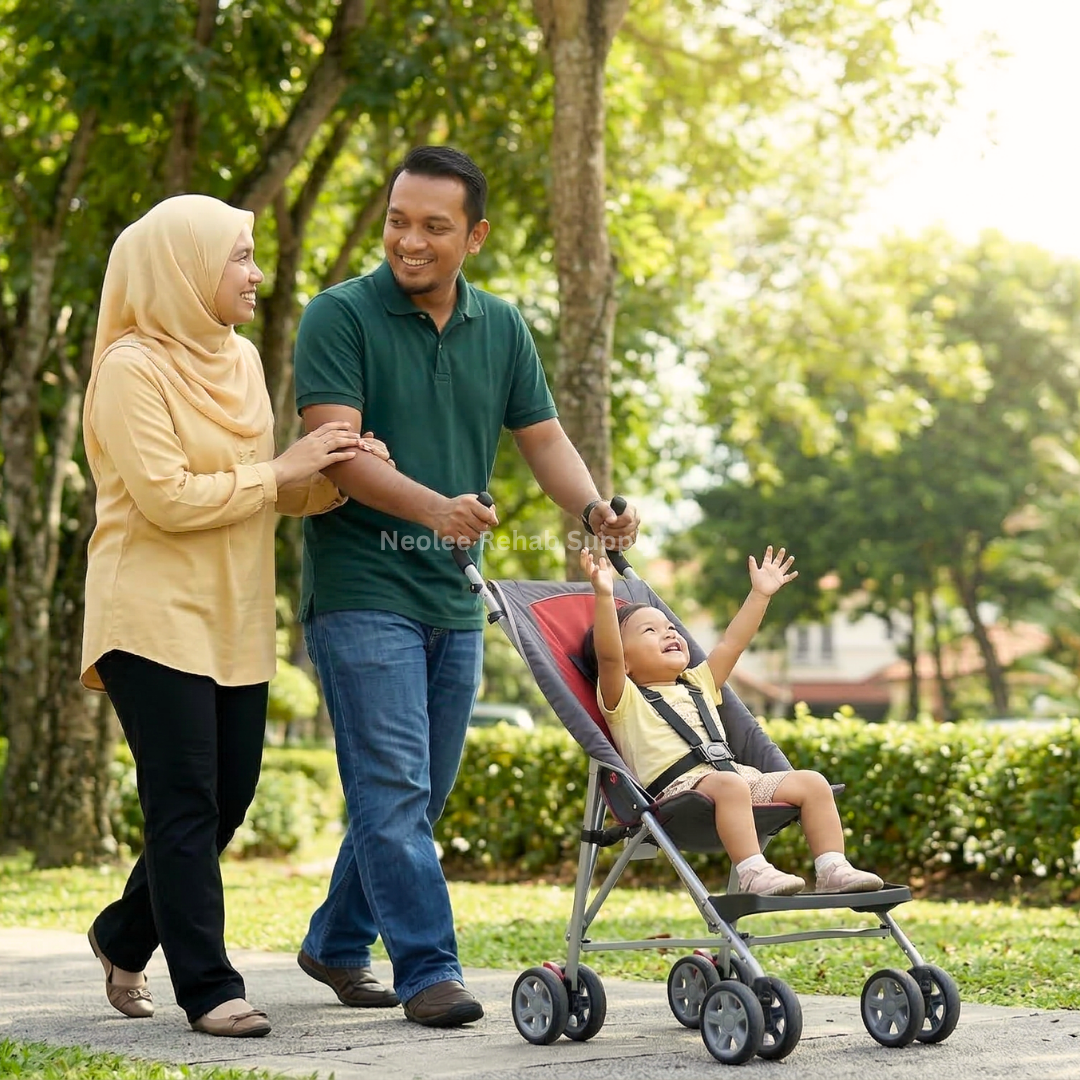 Family lifestyle image showing parents walking outdoors with a smiling child seated in the Joyride CP Stroller in a park setting.